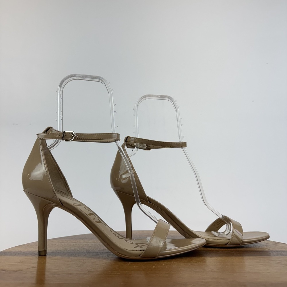 Womens Sam Edelman Patti Nude Faux Patent Leather Kitten Heeled Sandals Size 11
